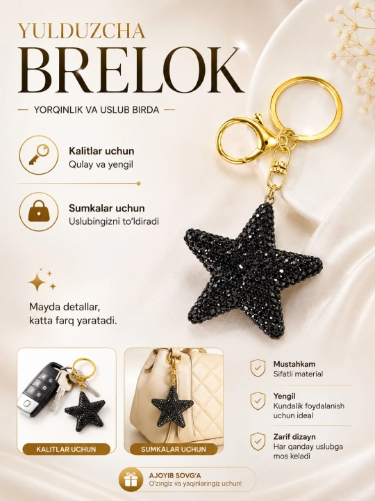 Yulduzcha brelok, Kalitlar uchun brelok, sumka uchun brelok, qizlar uchun sovg‘a - 