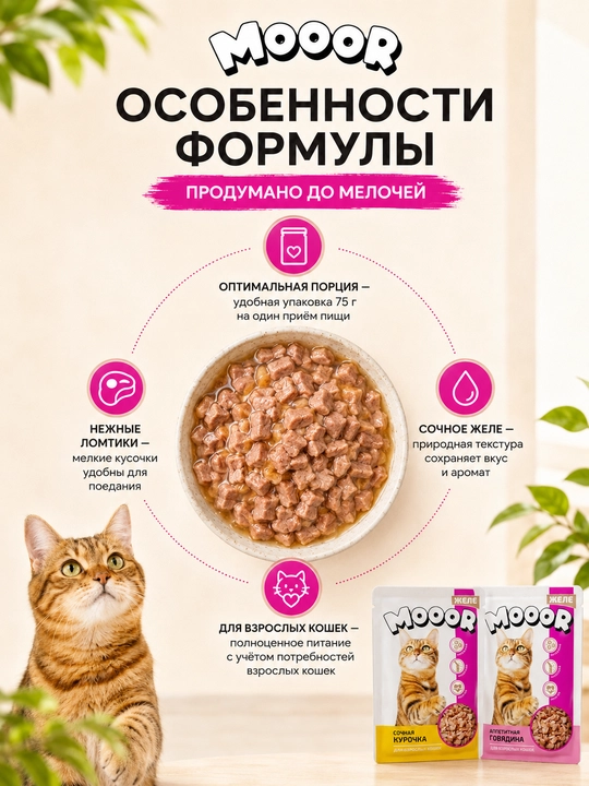 Moor mushuklar uchun nam yem assorti jeledagi mol va tovuq go‘shtli 75 gr 5 dona