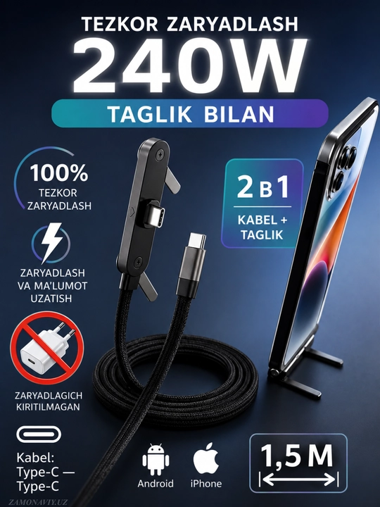Кабель Type-C для зарядки  (iPhone, Samsung, ), провод для быстрой зарядки , 240W, 1.5 м - 