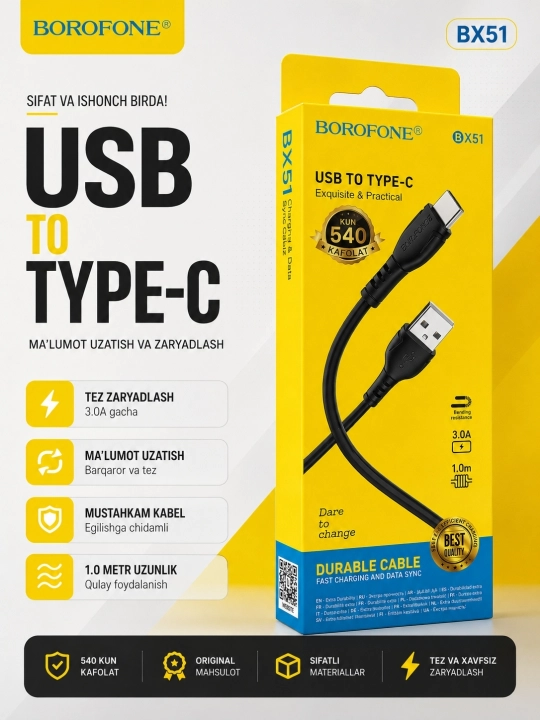 Micro USB, Lightning, Type-C, 1 m, tez zaryadlash va ma’lumot uzatish - 