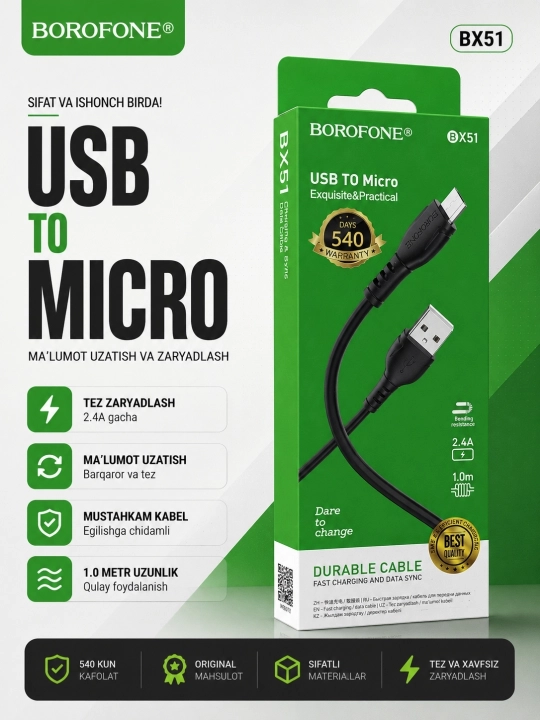 Micro USB, Lightning, Type-C, 1 m, tez zaryadlash va ma’lumot uzatish - 