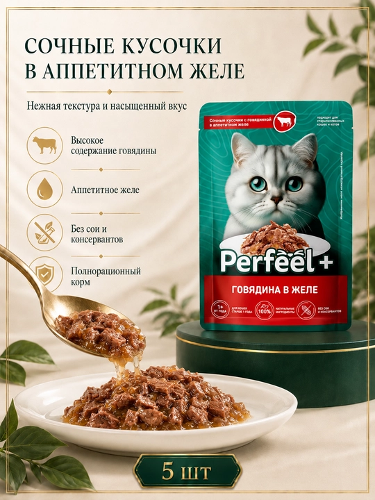 Perfeel+ mushuklar uchun nam yem, jelega mol go‘shti 75 gr 5 dona