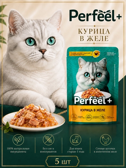 Perfeel+ mushuklar uchun nam yem jeledagi tovuql 75 gr 5 dona - 