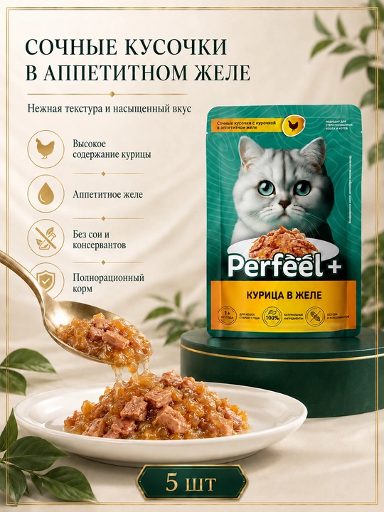 Perfeel+ mushuklar uchun nam yem jeledagi tovuql 75 gr 5 dona
