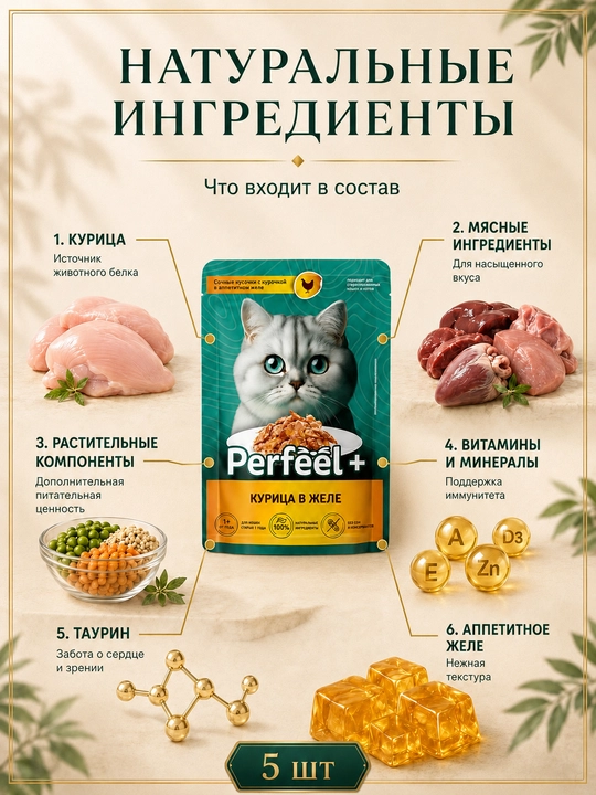 Perfeel+ mushuklar uchun nam yem jeledagi tovuql 75 gr 5 dona