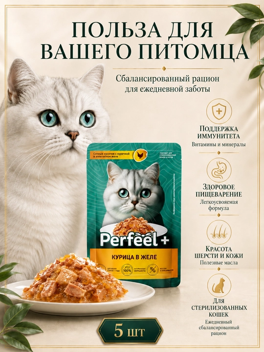 Perfeel+ mushuklar uchun nam yem jeledagi tovuql 75 gr 5 dona