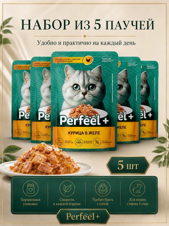 Perfeel+ mushuklar uchun nam yem jeledagi tovuql 75 gr 5 dona