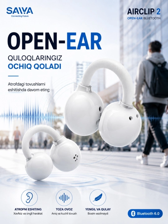 SAIWA AIRCLIP 2 Bluetooth наушники, Open Ear, беспроводные спортивные наушники