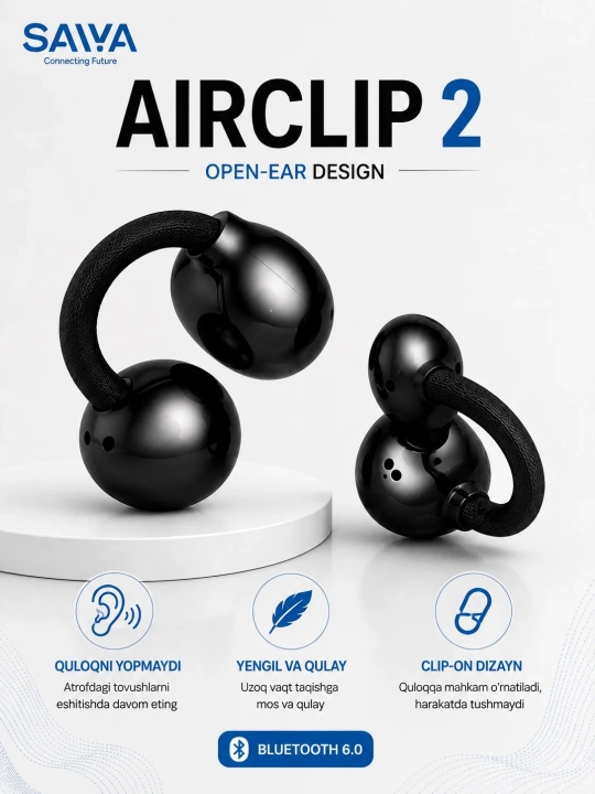 SAIWA AIRCLIP 2 Bluetooth наушники, Open Ear, беспроводные спортивные наушники