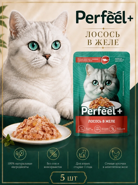 Perfeel+ mushuklar uchun nam yem ljeledagi losos balig'i  75 gr 5 dona - 