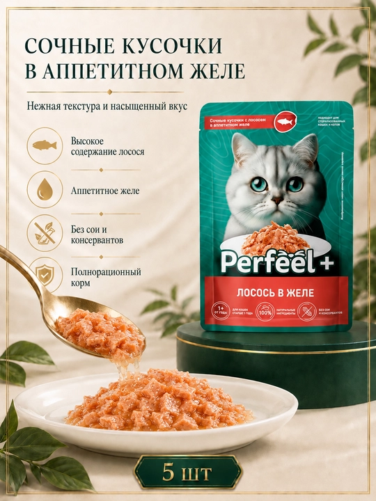 Perfeel+ mushuklar uchun nam yem ljeledagi losos balig'i  75 gr 5 dona