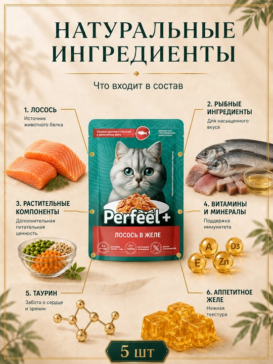 Perfeel+ mushuklar uchun nam yem ljeledagi losos balig'i  75 gr 5 dona