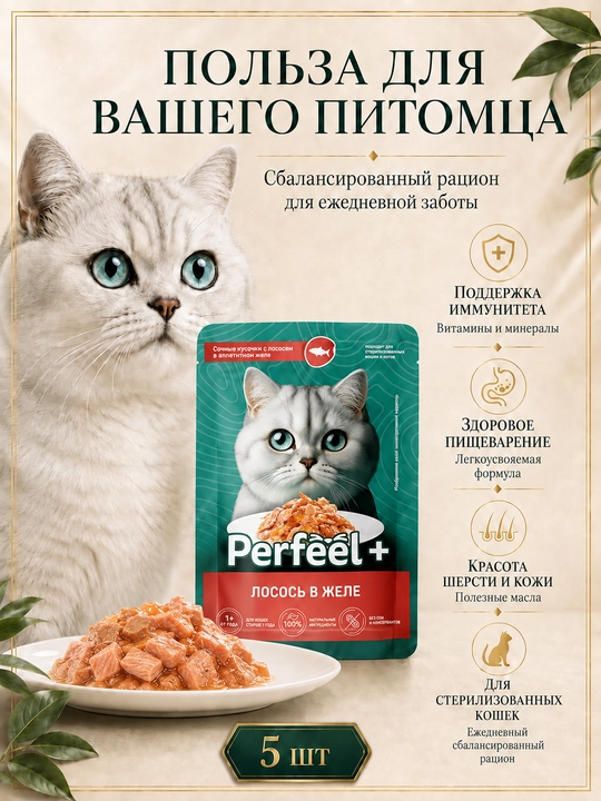 Perfeel+ mushuklar uchun nam yem ljeledagi losos balig'i  75 gr 5 dona