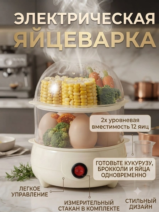 Elektr tuxum pishirgich bug‘da pishirgich, 12 tuxum, 2 darajali, oshxona mini bug'li idish - 