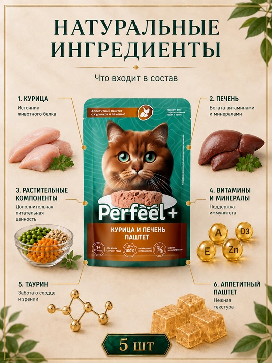 Perfeel+ mushuklar uchun nam yem jigarli tovuq pashteti 75 gr 5 dona