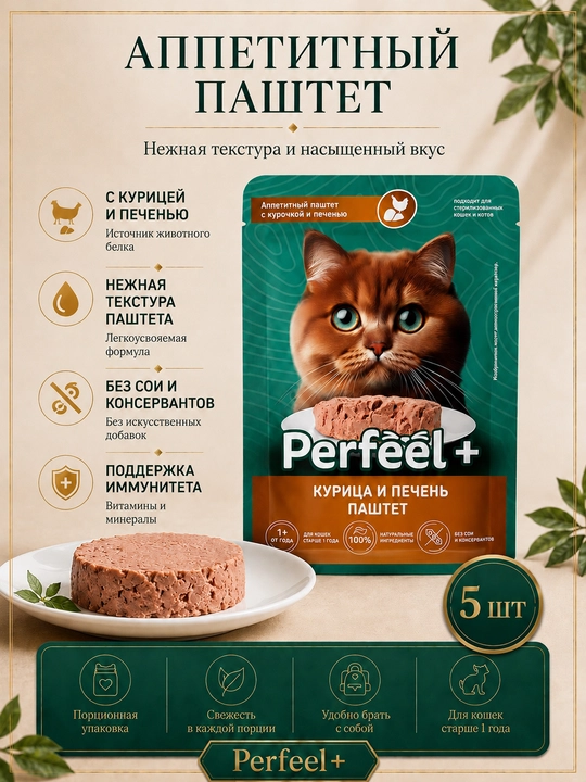 Perfeel+ mushuklar uchun nam yem jigarli tovuq pashteti 75 gr 5 dona