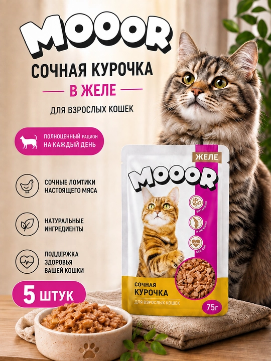 Mooor mushuklar uchun nam yem jeledagi sersuv tovuqcha, 75 gr 5 dona - 