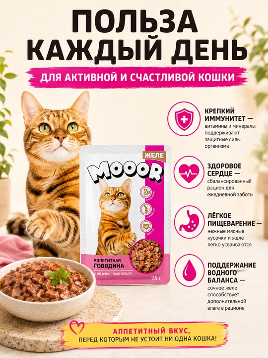 Mooor mushuklar uchun nam yem jeledagi mol go‘shti 75 gr 5 dona