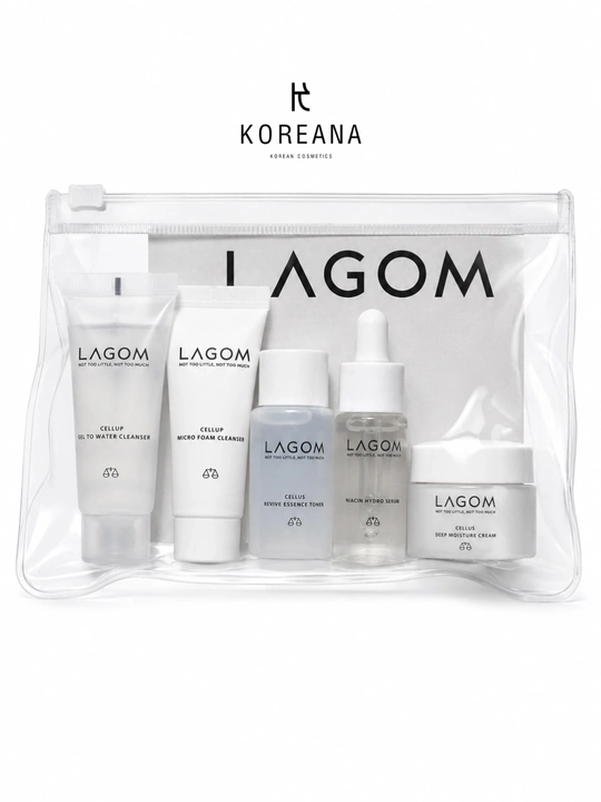 LAGOM TRAVEL KIT 5 в 1 набор средств с косметичкой, пенка, гель, тонер, сыворотка, крем - 