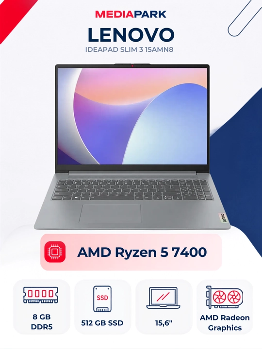 Noutbuk Lenovo IdeaPad Slim 3 15AMN8 (AMD Ryzen 5 7400, 8GB RAM, 512GB SSD, 15.6” FHD) - 