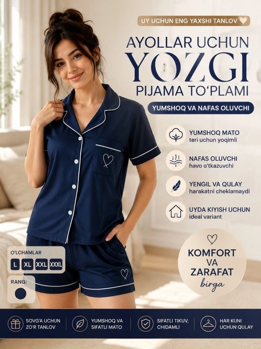 Ayollar pijamasi dvoyka, uy kiyimi, XB mato, tugmachali, shortik, L-XXXL