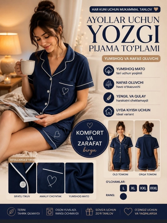 Ayollar pijamasi dvoyka, uy kiyimi, XB mato, tugmachali, shortik, L-XXXL