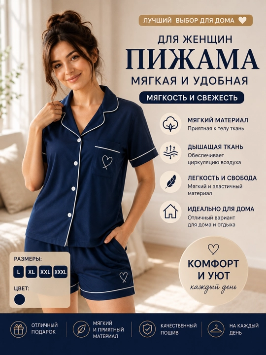 Женская пижама двойка, домашний костюм, ткань XB, на пуговицах, шорты, L-XXXL - 