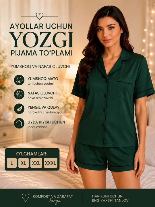 Ayollar pijamasi dvoyka, uy kiyimi, XB mato, tugmachali, shortik, L-XXXL
