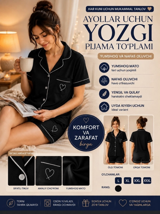 Ayollar pijamasi dvoyka, uy kiyimi, XB mato, tugmachali, shortik, L-XXXL