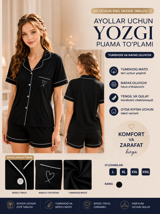 Ayollar pijamasi dvoyka, uy kiyimi, XB mato, tugmachali, shortik, L-XXXL