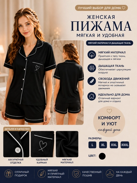 Женская пижама двойка, домашний костюм, ткань XB, на пуговицах, шорты, L-XXXL - 