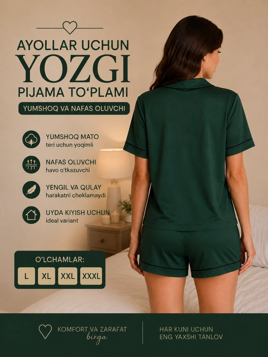 Ayollar pijamasi dvoyka, uy kiyimi, XB mato, tugmachali, shortik, L-XXXL