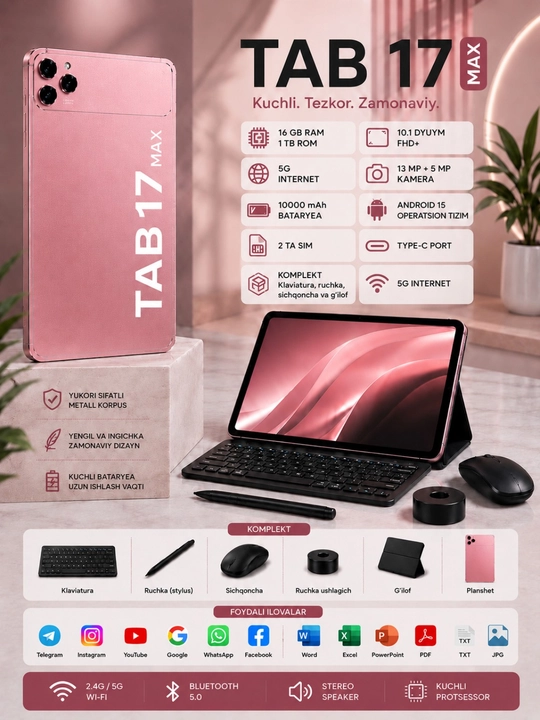 Планшет TAB 17 MAX 10,1″, 12/256 ГБ, 5G, Android 15, 2 SIM-карты, с клавиатурой и мышью - 