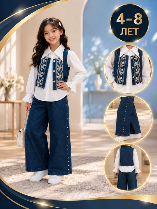 Qiz bolalar uchun 3 qismli kiyim komplekti, ko‘ylak, jinsi jilet va shim, 4–8 yosh - 