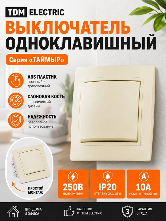 TDM Electric Taimyr bitta tugmali kalit, 10A, 250V, IP20, fil suyagi rangida - 