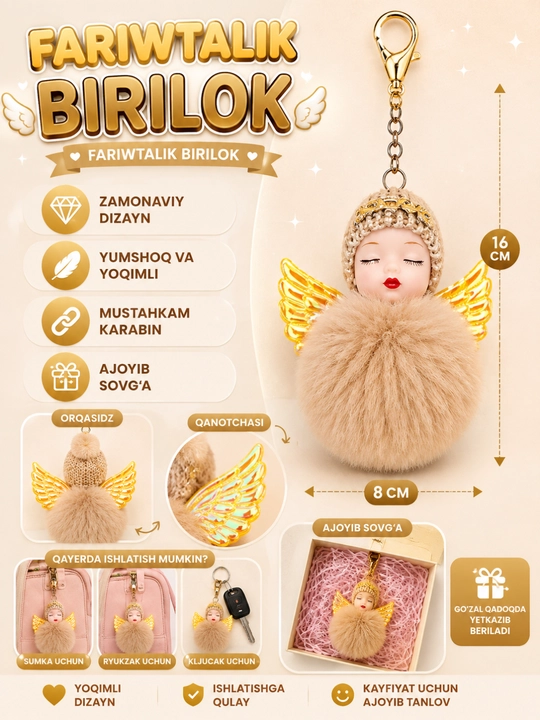 Pomponli qo‘g‘irchoq brelok, sumka osmasi, momiq brelok, aksessuar - 