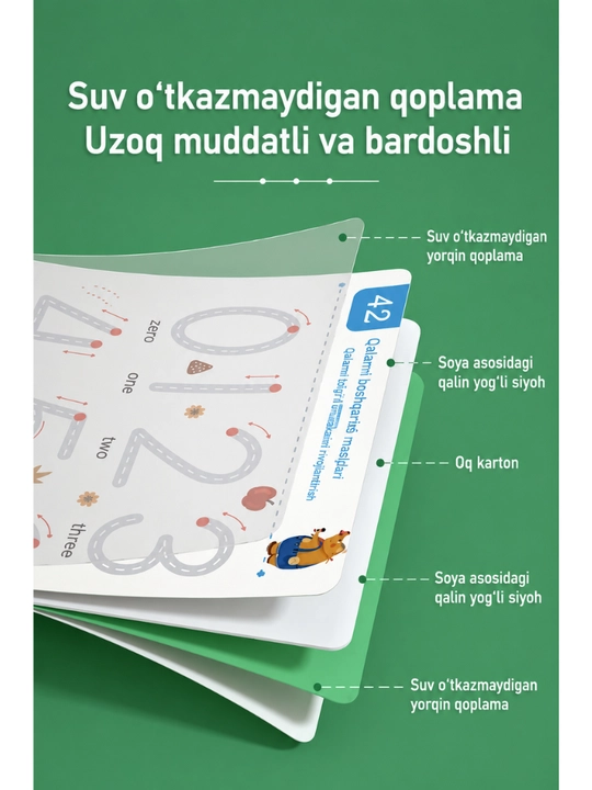 Qayta yoziladigan daftar, bolalar propisi, yozishni o‘rganish, rivojlantiruvchi daftar