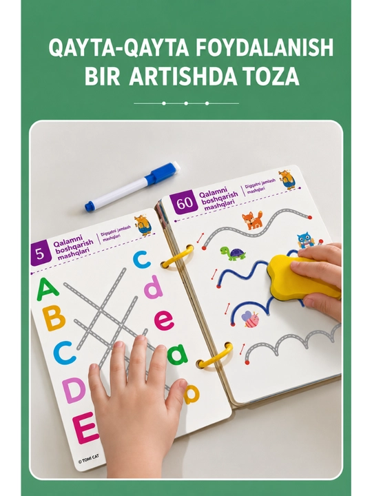 Qayta yoziladigan daftar, bolalar propisi, yozishni o‘rganish, rivojlantiruvchi daftar