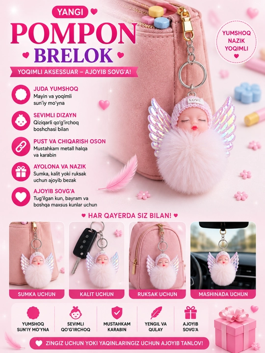 Pomponli qo‘g‘irchoq brelok, sumka osmasi, momiq brelok, aksessuar - 