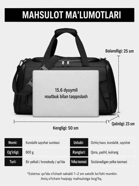 Katta sig‘imli sport va sayohat sumkasi