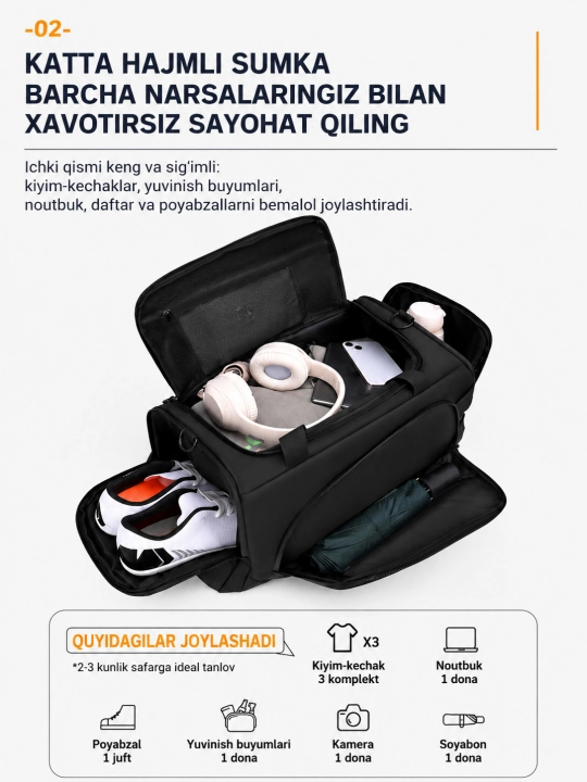 Katta sig‘imli sport va sayohat sumkasi