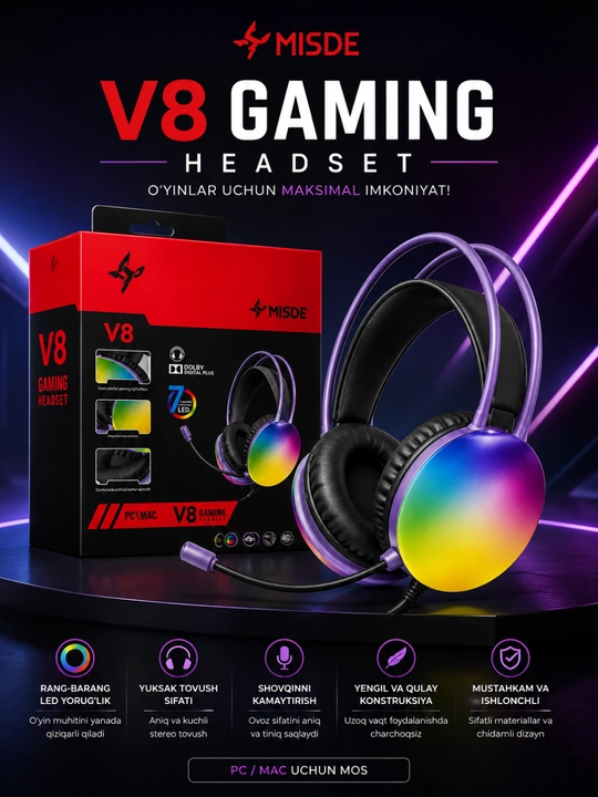 V8 Gaming стерео игровые наушники с микрофоном RGB LED для ПК, ноутбука и смартфона - 