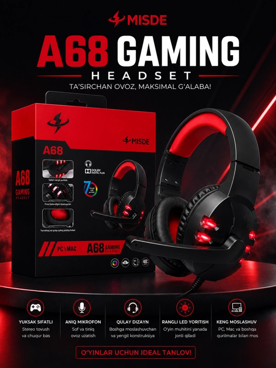 A68 Gaming стерео игровые наушники с микрофоном RGB LED для ПК, ноутбука и смартфона - 