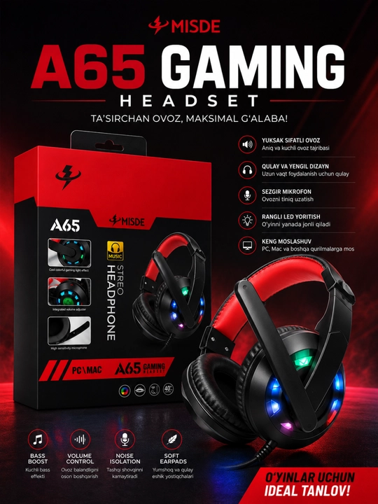 A65 Gaming стерео игровые наушники с микрофоном RGB LED для ПК, ноутбука и смартфона - 