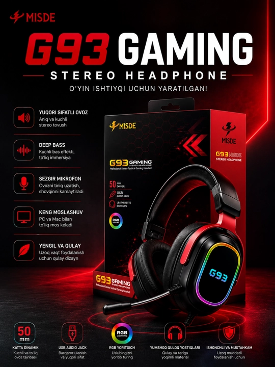 Игровые стерео наушники MISDE G93 с RGB, микрофоном для ПК, Mac и ноутбука - 