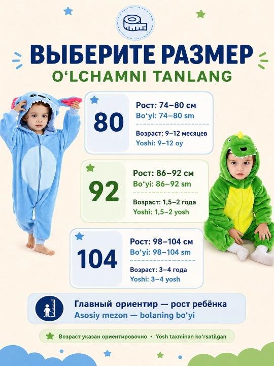 Кигуруми для малышей, на осень, зиму и весну, тёплая плюшевая пижама-комбинезон, 100–140