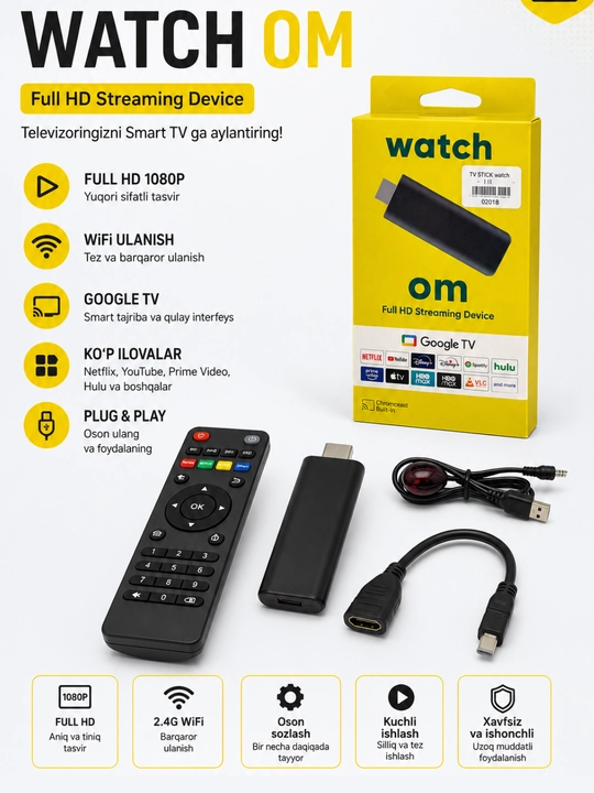 Watch OM Full HD 1080P TV Stick, Google TV, Wi-Fi, pultli media pleer - 