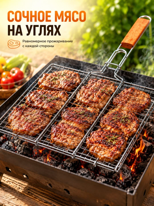 Решётка для мангала, 24×34 см, для мяса, рыбы, курицы и овощей, гриль-сетка