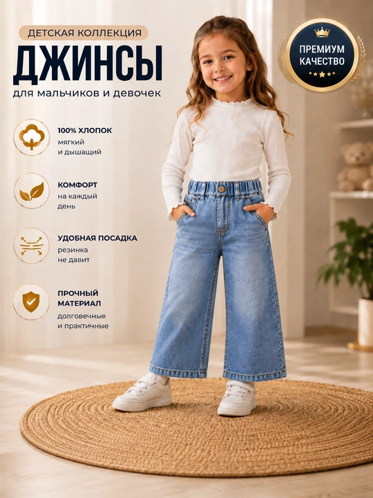 Детские джинсы для девочек широкие с высокой талией
