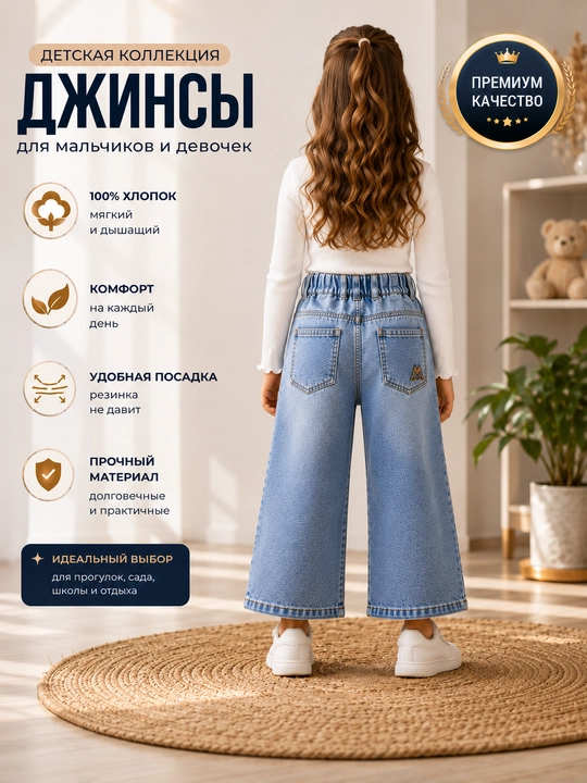 Детские джинсы для девочек широкие с высокой талией